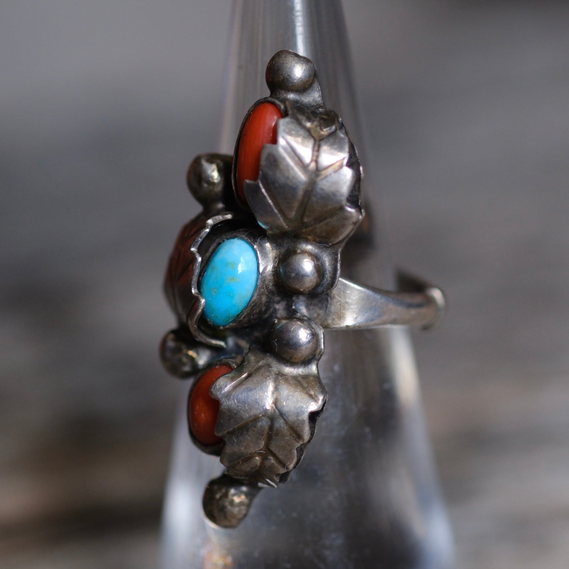 Vintage Sterling Turquoise and Coral Feather Ring 6