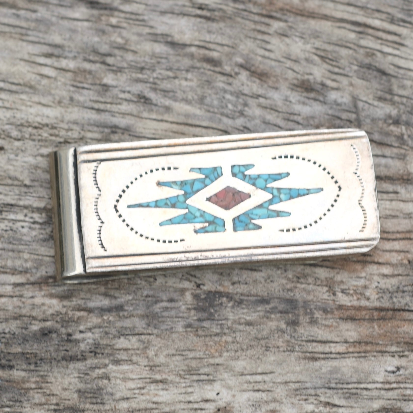 Vintage Sterling Overlay Turquoise and Coral Inlay Money Clip