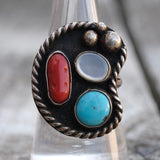 Vintage Sterling Turquoise Mop and Coral Roper Ring 8