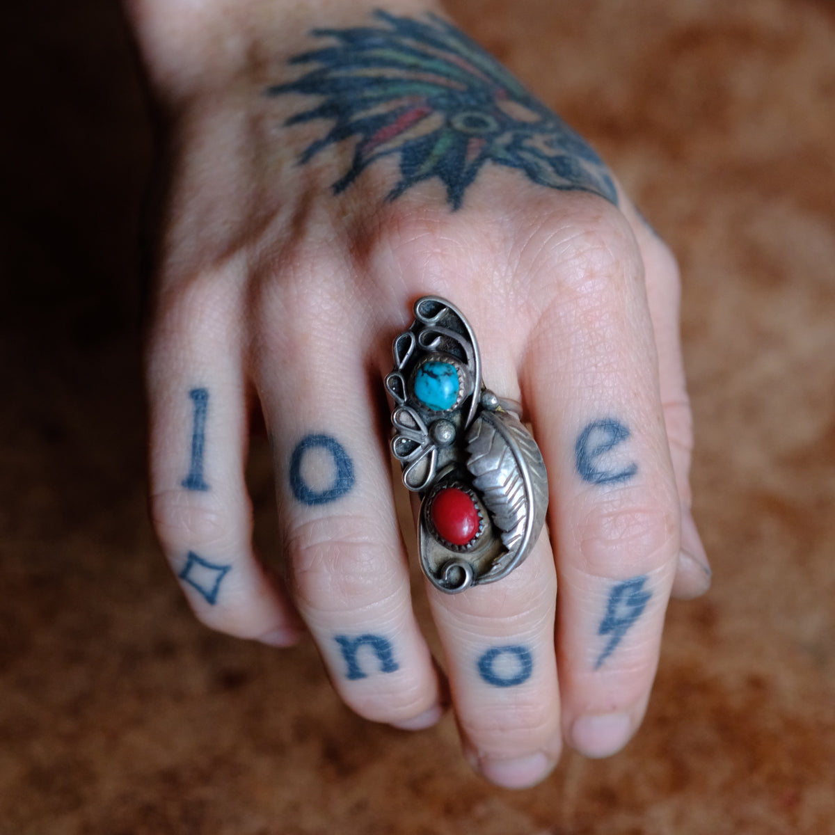 Vintage Sterling Turquoise and Coral Feather Ring 6.5