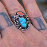 Vintage Sterling Turquoise and Coral Ring 8.5