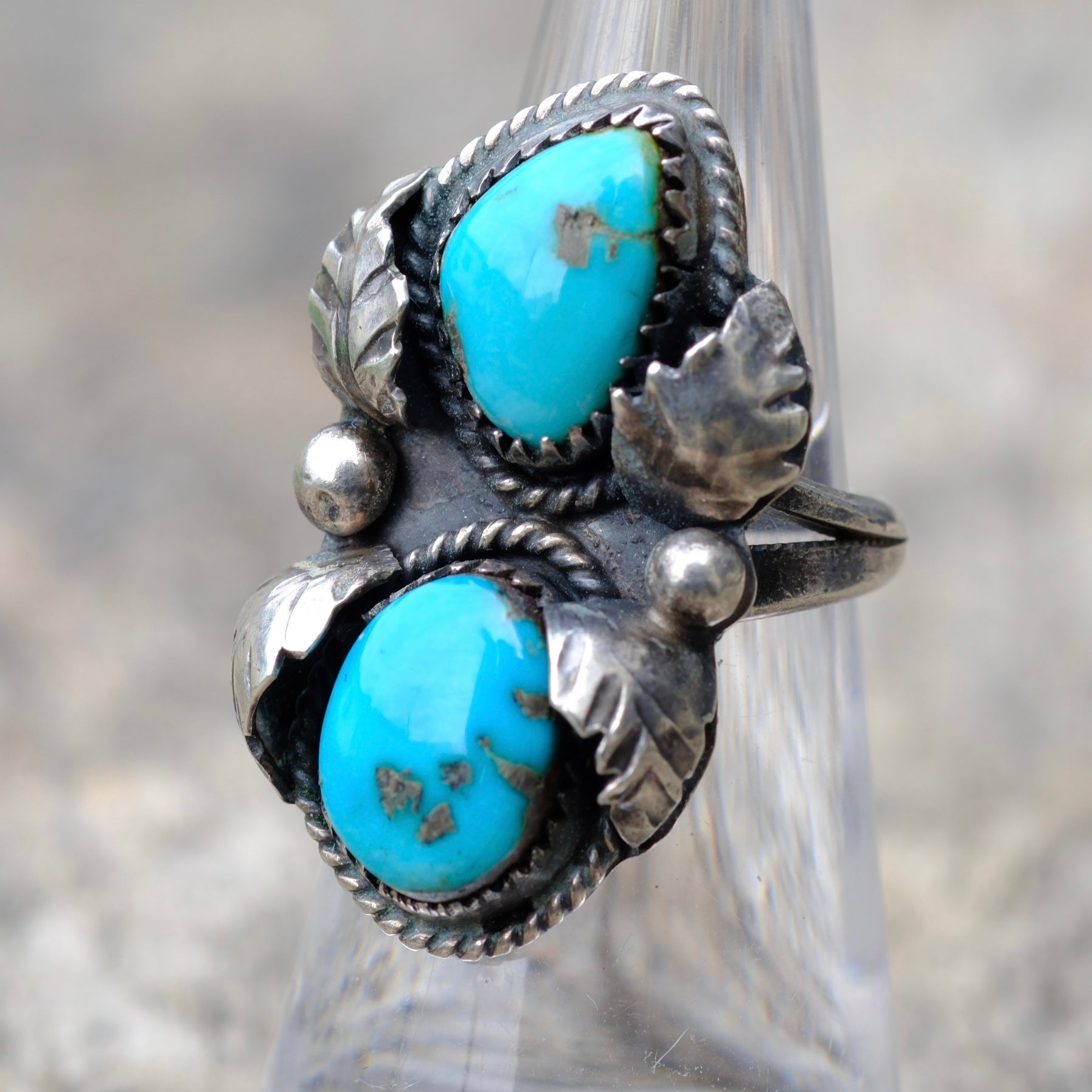 Vintage Sterling 2-Stone Turquoise Feather Ring 5.5