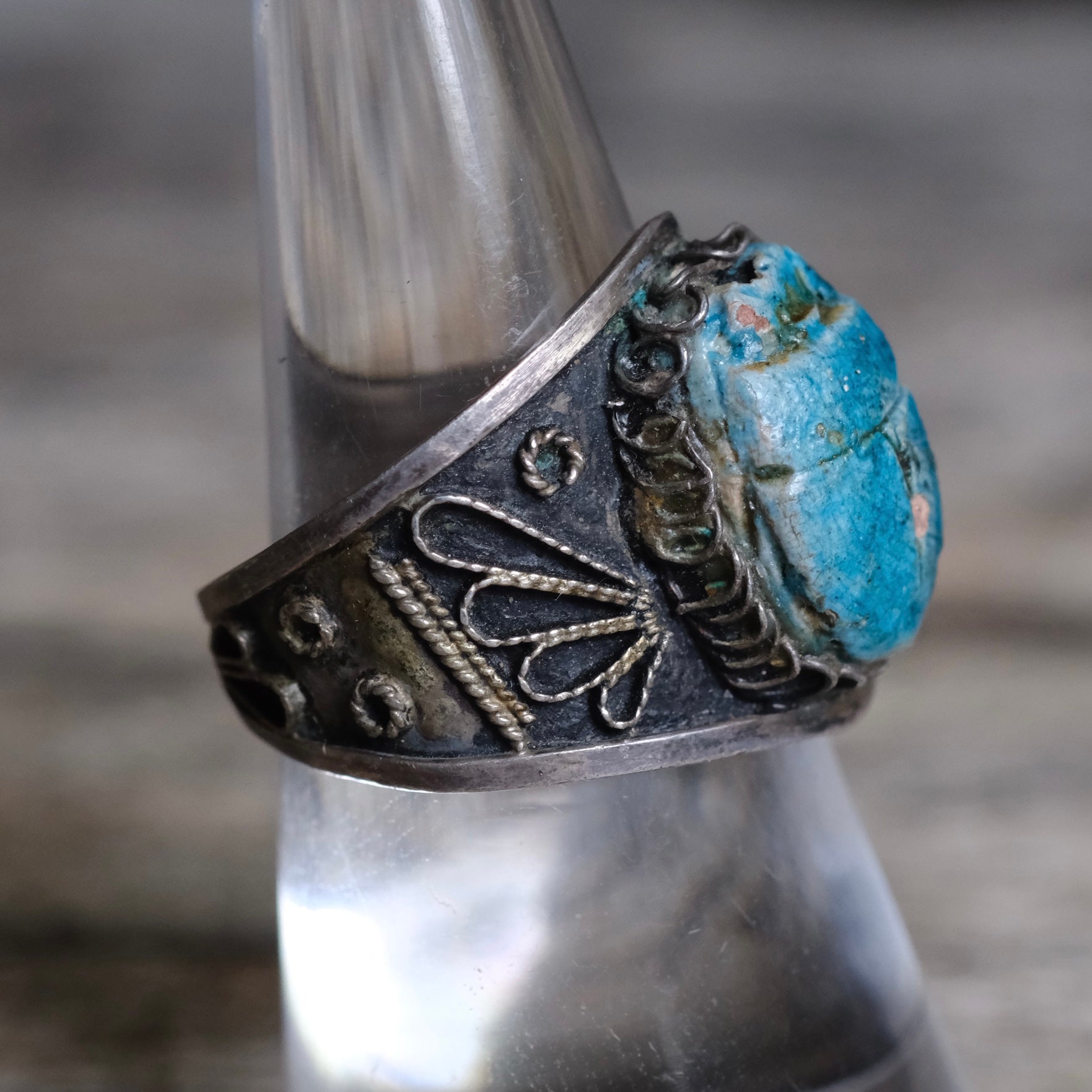 Vintage Sterling Carved Turquoise Scarab Open Back Ring 7.5