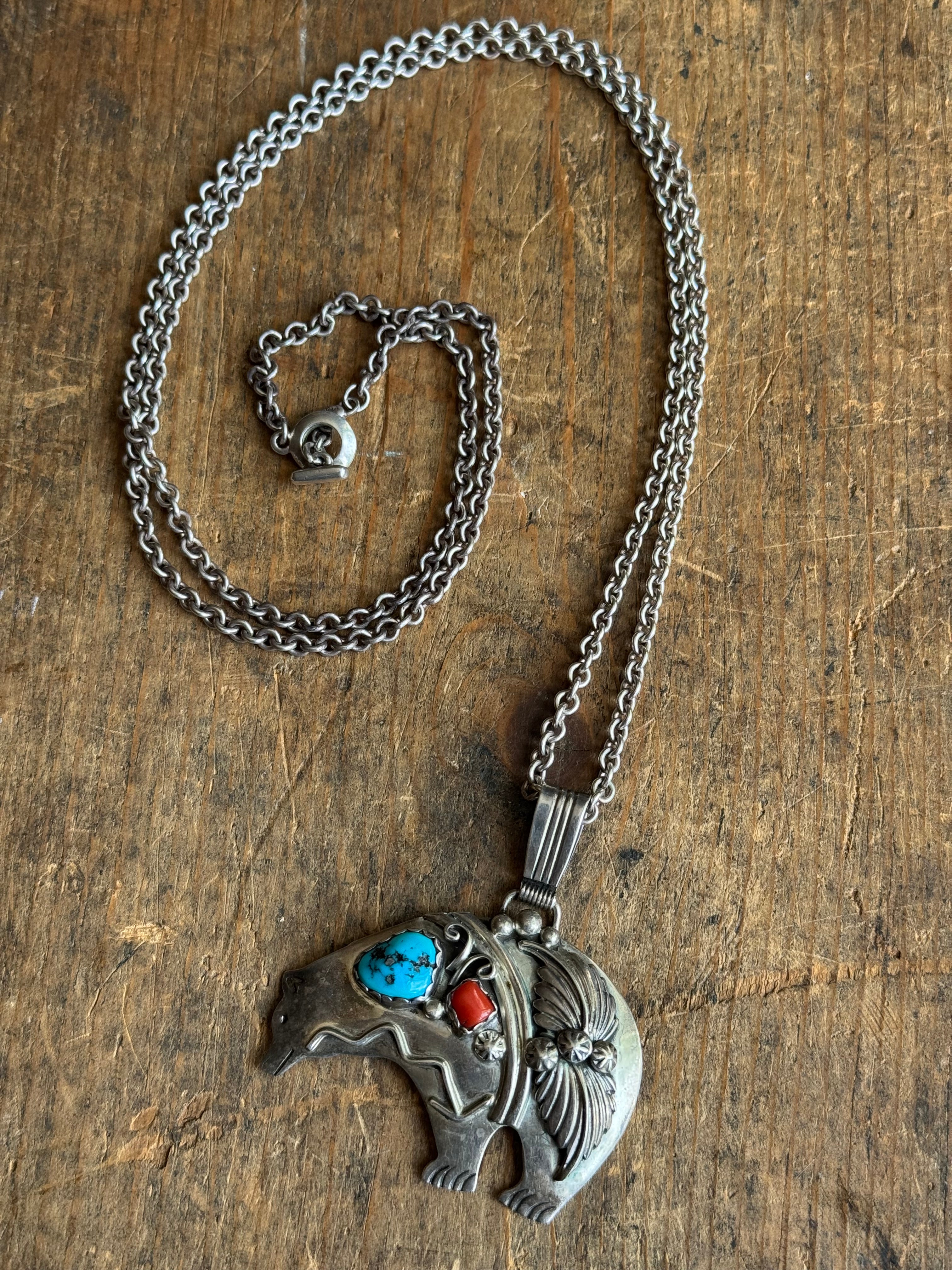 Vintage Sterling Silver Turquoise and Coral Bear Necklace