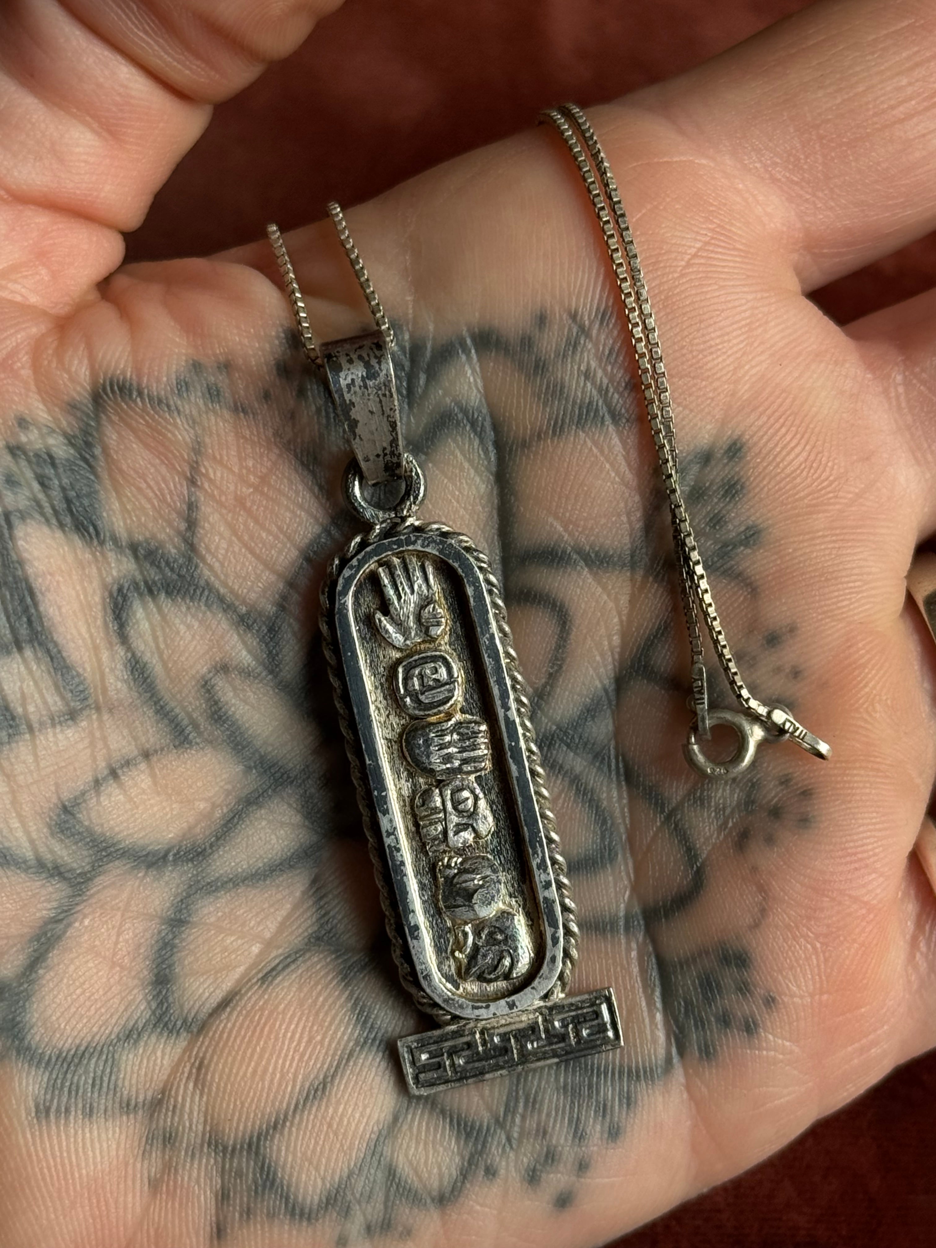 Vintage Sterling Silver Mayan Cartouche Necklace