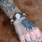 Vintage Sterling Mother Of Pearl and Coral Watch Cuff Bracelet