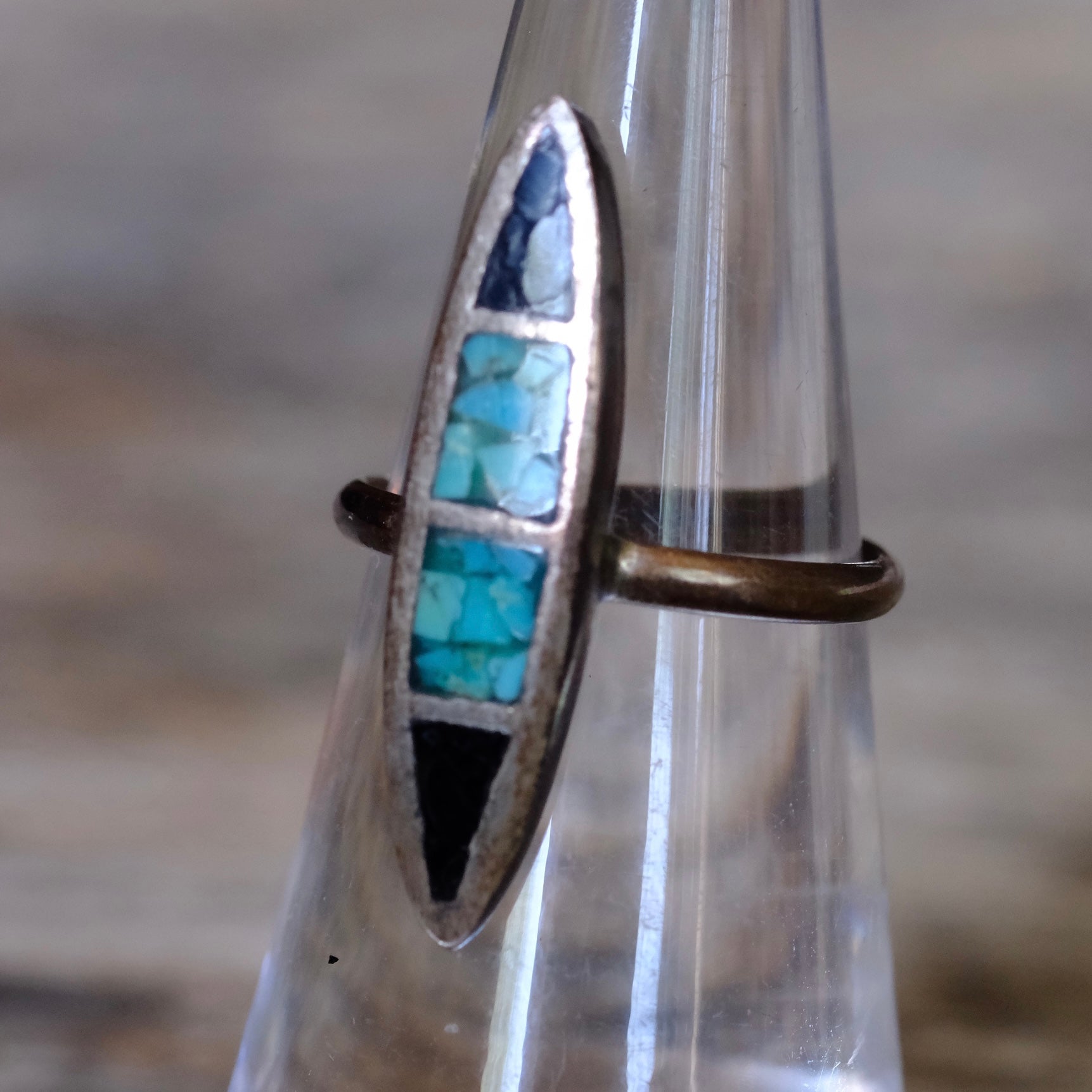 Vintage Sterling Turquoise and Onyx Inlay Ring 5.25