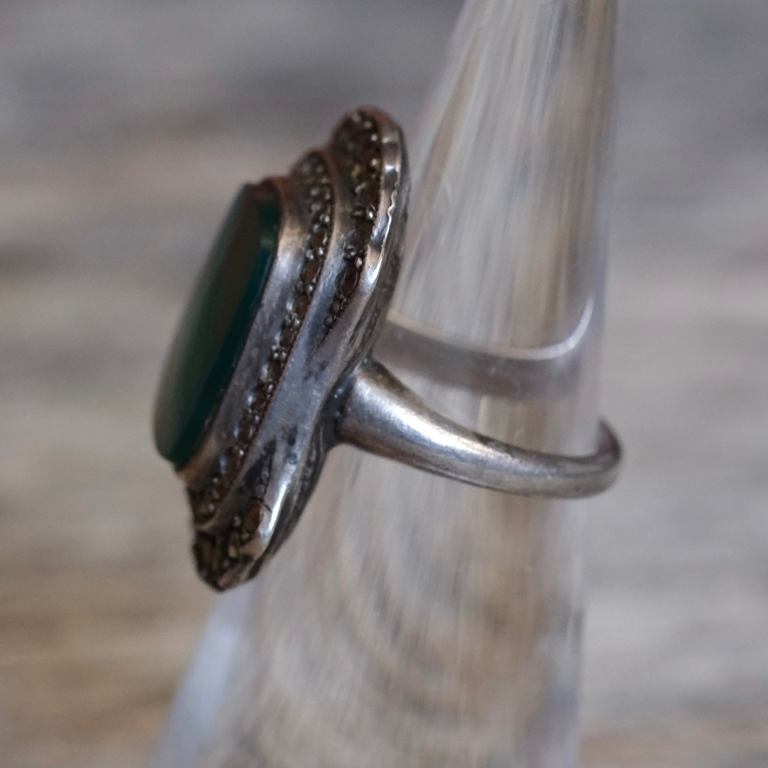 Vintage Sterling Green Carnelian and Marcasite Ring 3.75