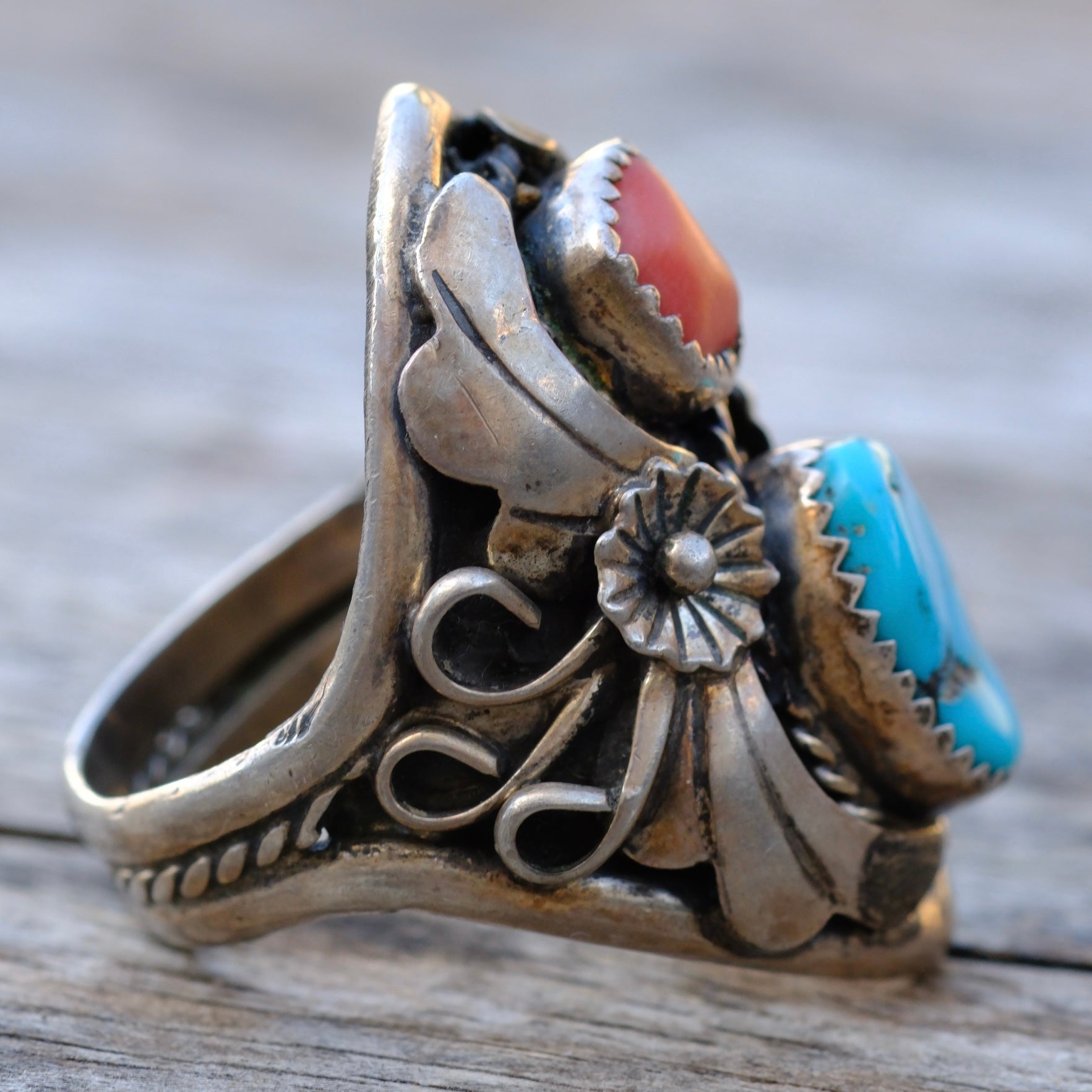 Vintage Sterling Turquoise and Coral Ring 10