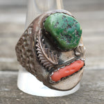 Vintage Sterling Turquoise and Coral Feather Ring 12.75