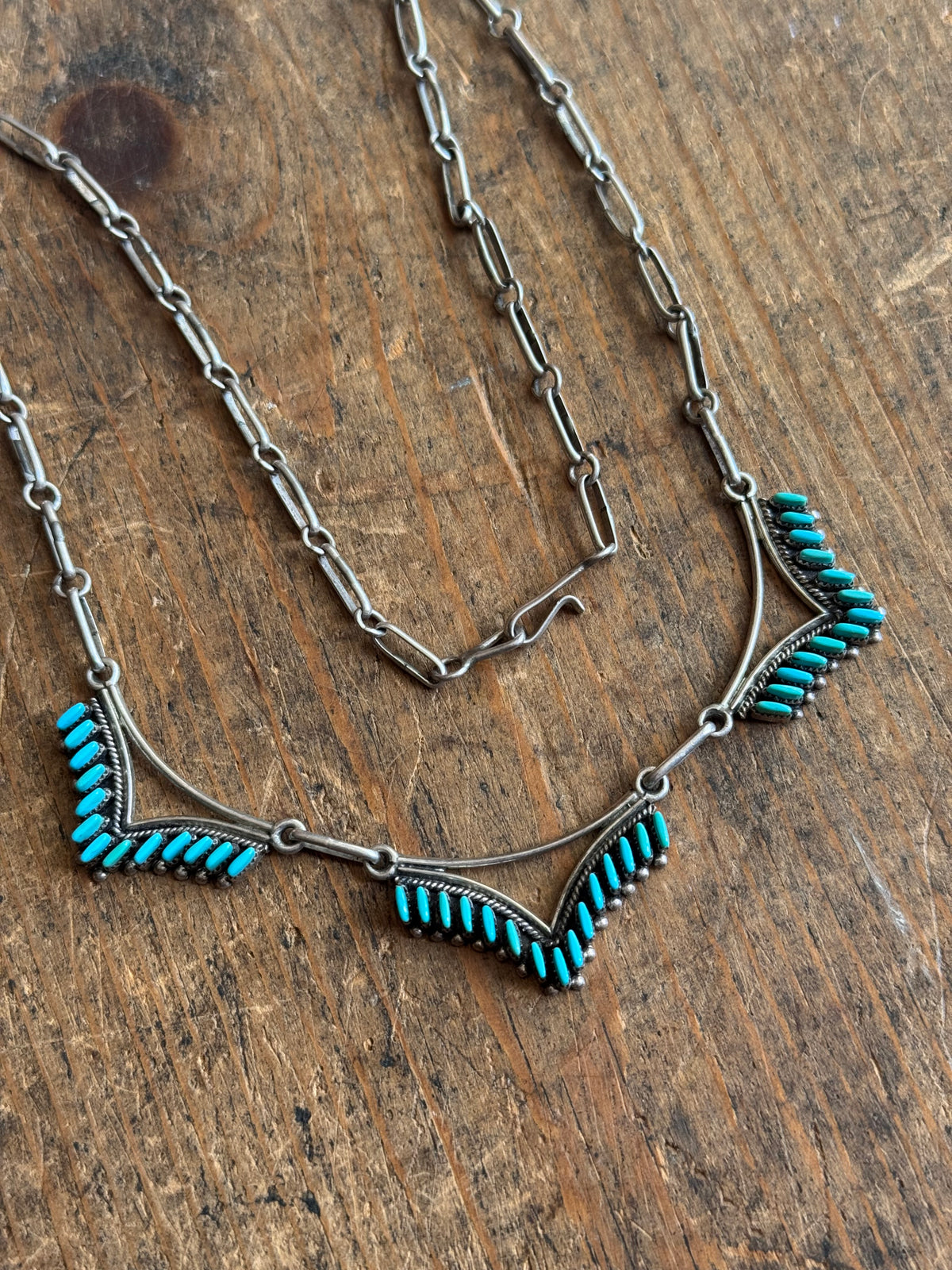 Vintage Sterling Silver Petit Point Turquoise Shield Necklace