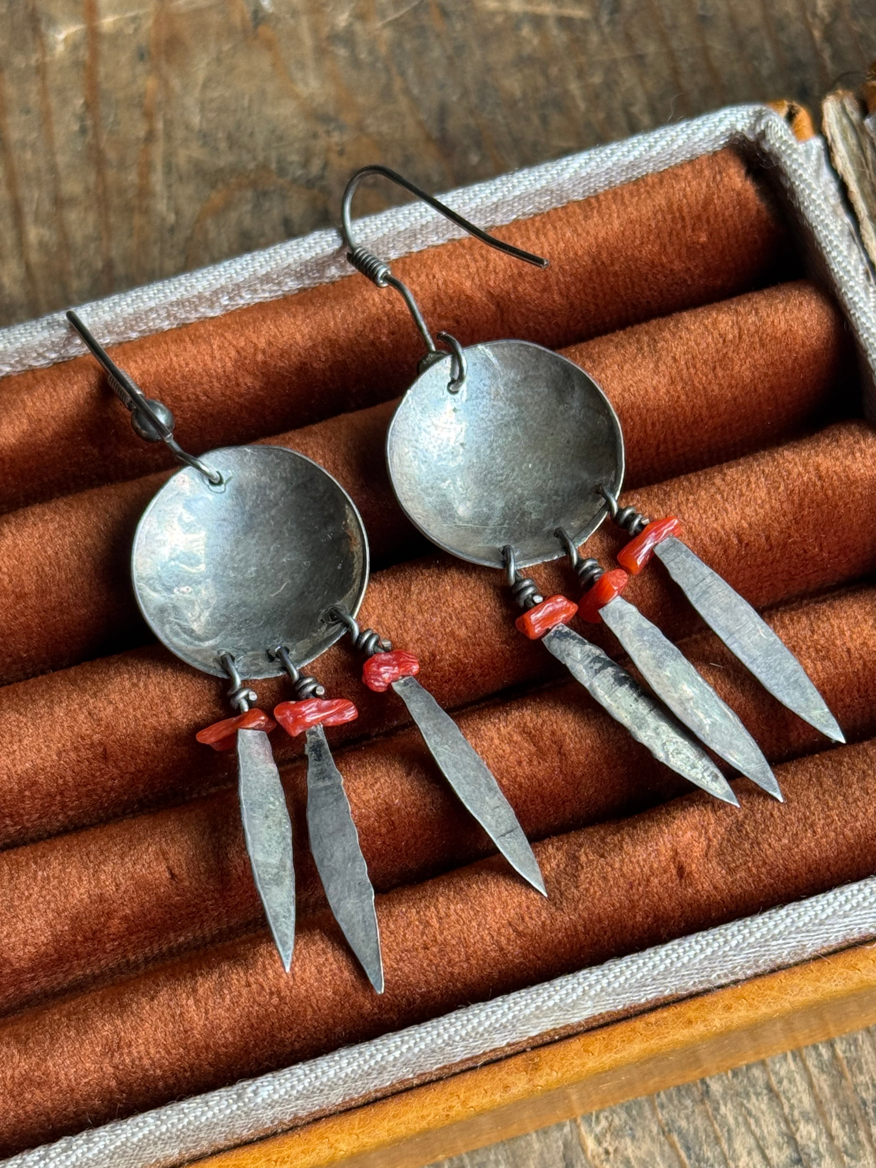 Vintage Sterling Silver Coral Bead Feather Concho Earrings