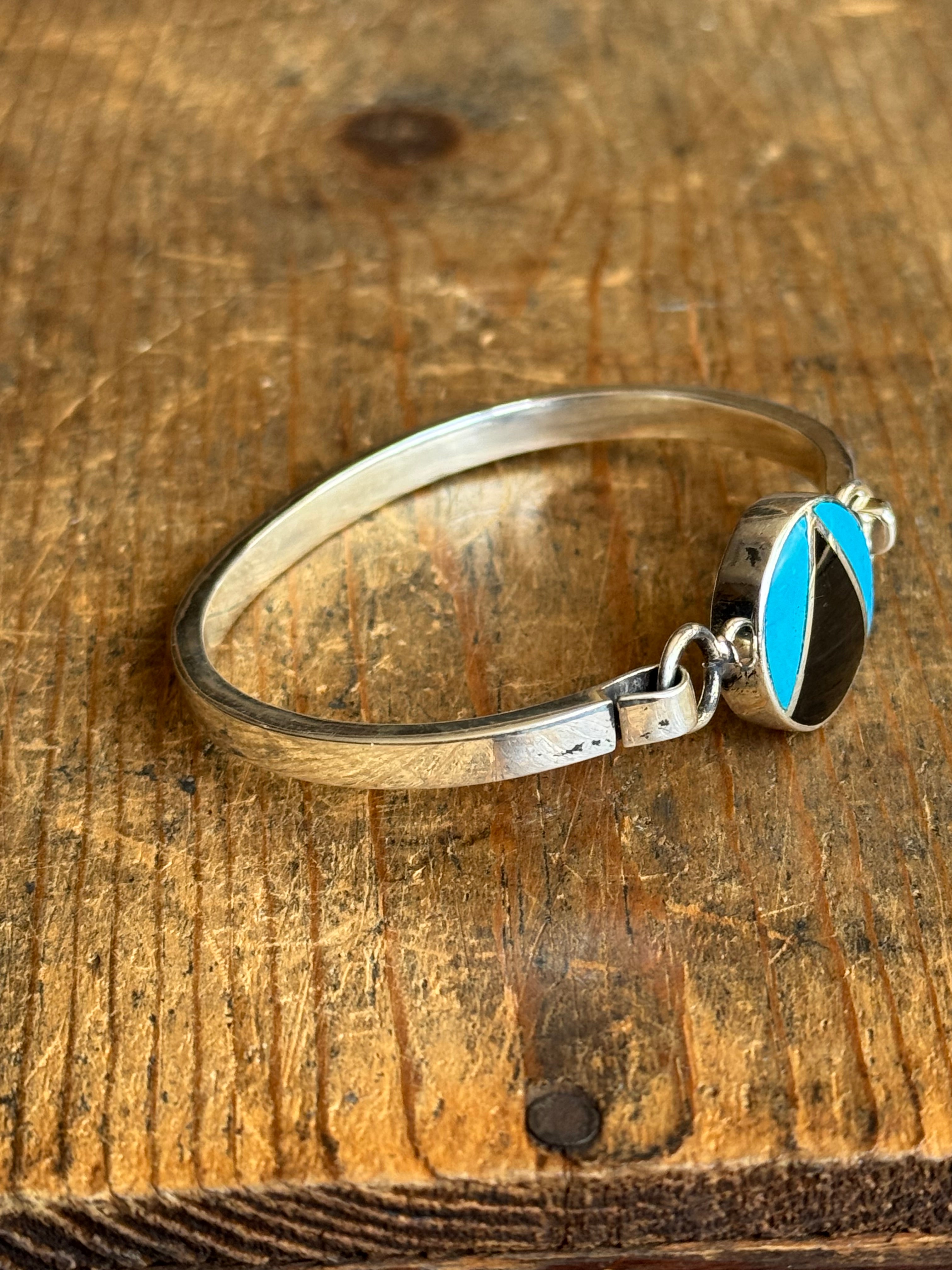 Vintage Sterling Silver Turquoise & Onyx Inlay Latch Bracelet