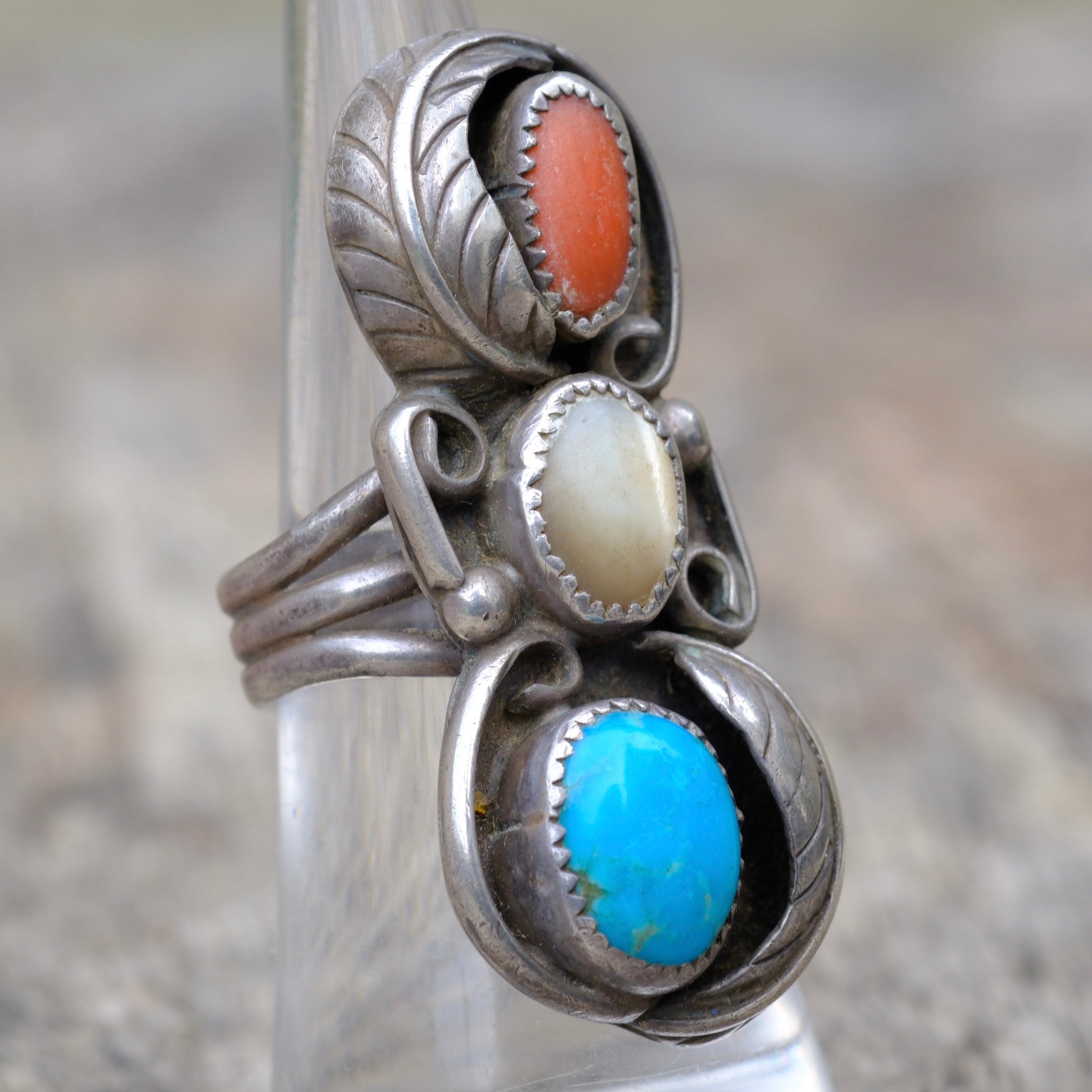 Vintage Sterling Turquoise Coral and Turquoise Feather Ring 7.25