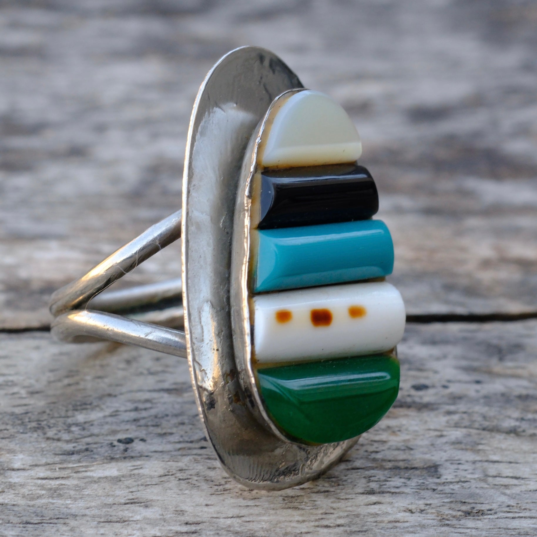 Vintage Sterling Multistone Inlay Ring 5