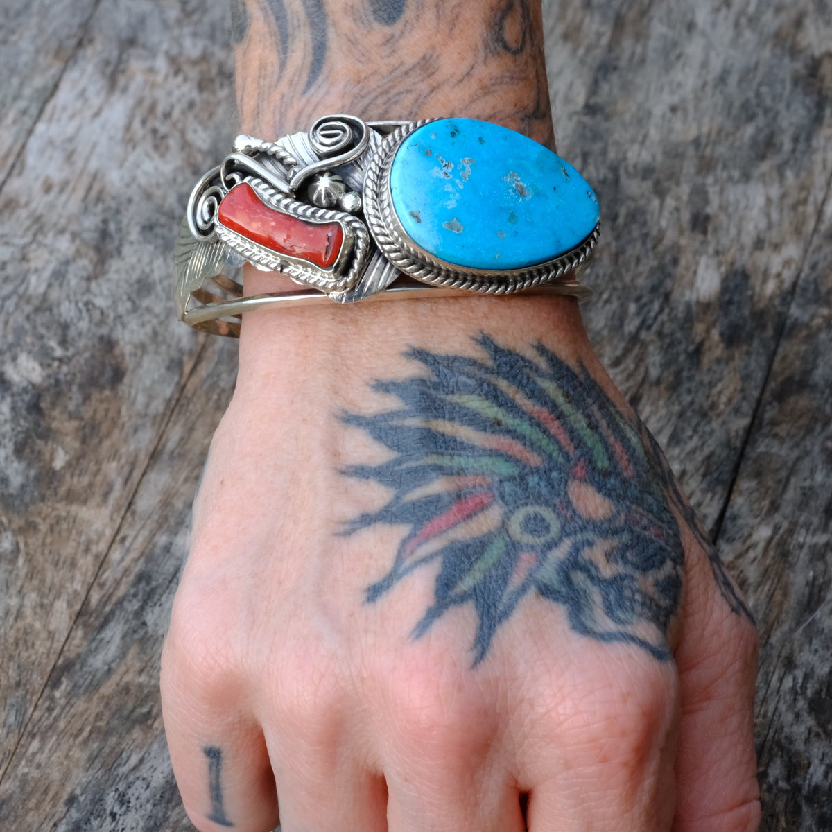 Vintage Sterling Turquoise and Coral Cuff Bracelet