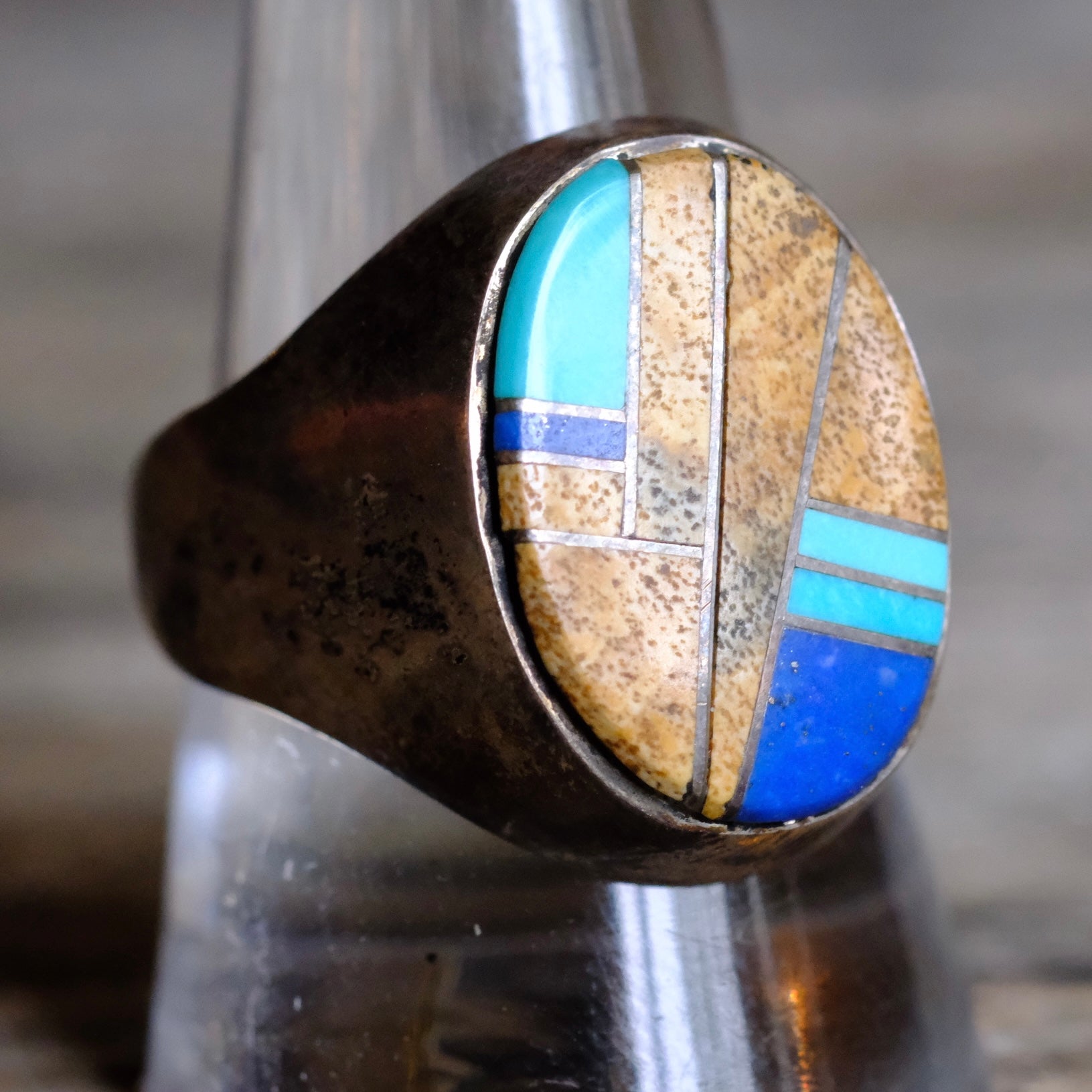 Vintage Sterling Multistone Inlay Ring 10.75