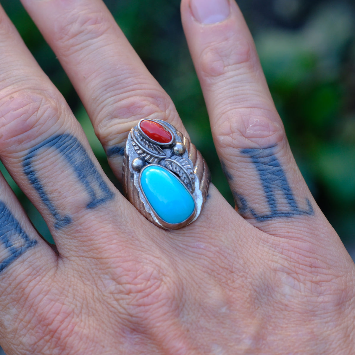 Vintage Sterling Turquoise and Coral Feather Ring 9.25