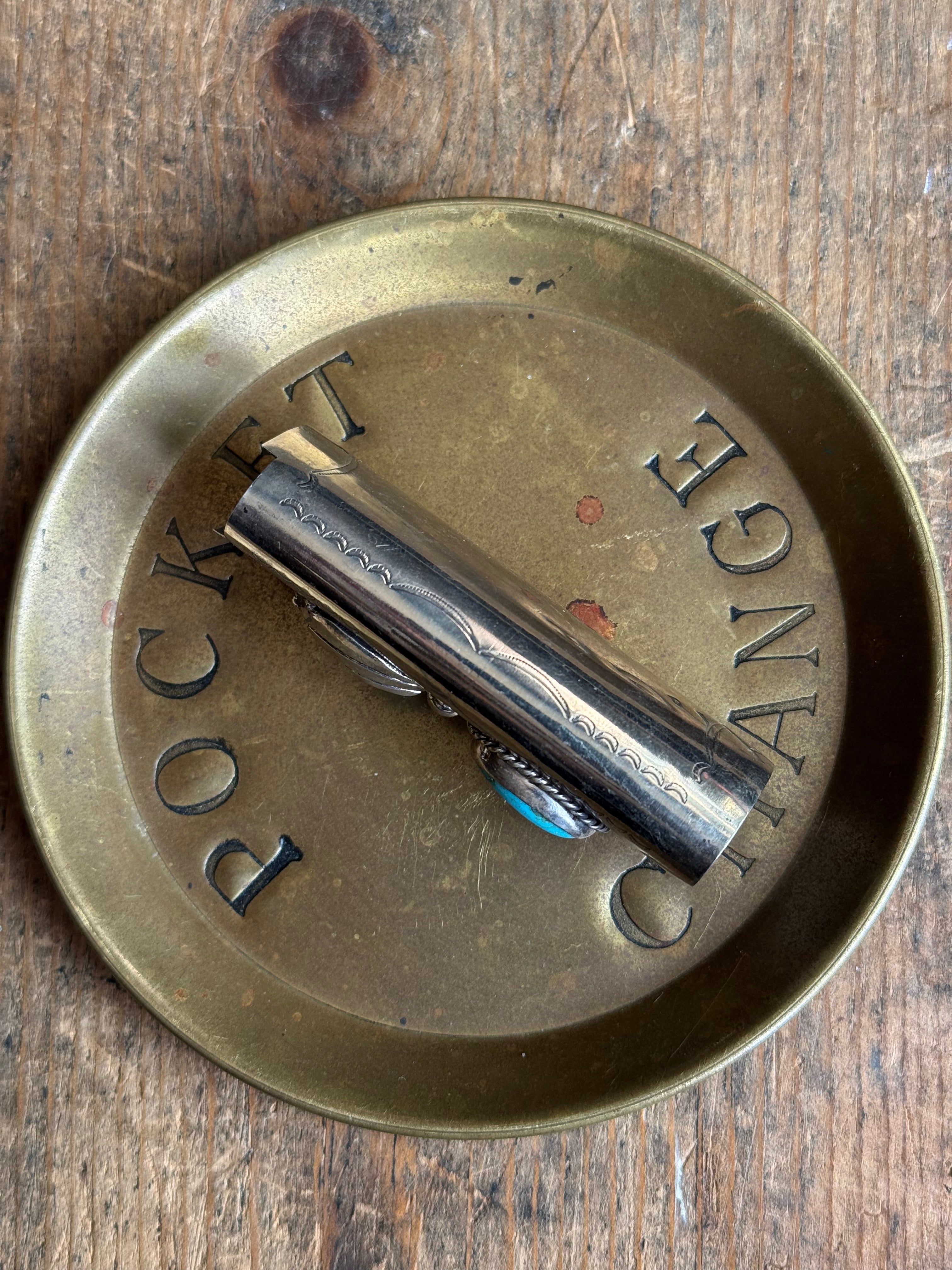 Vintage Stamped Nickel & Sterling Silver Turquoise Lighter Case