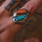 Vintage Sterling Turquoise and Coral Chunky Navajo Ring 10.75