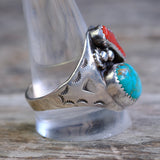 Vintage Sterling Turquoise and Coral Stamped Band Ring 12.5