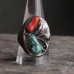 Vintage Sterling Turquoise and Coral Feather Ring 10.5