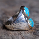 Vintage Sterling 2- Stone Turquoise Ribbed Band Ring 9