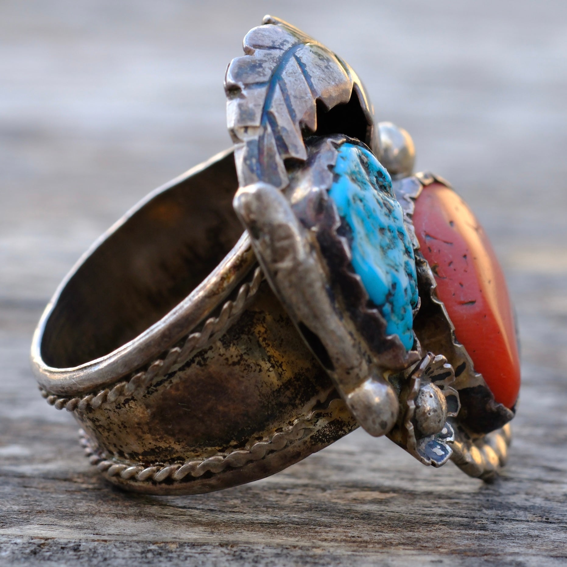 Vintage Sterling Turquoise and Coral Feather Ring 11.75