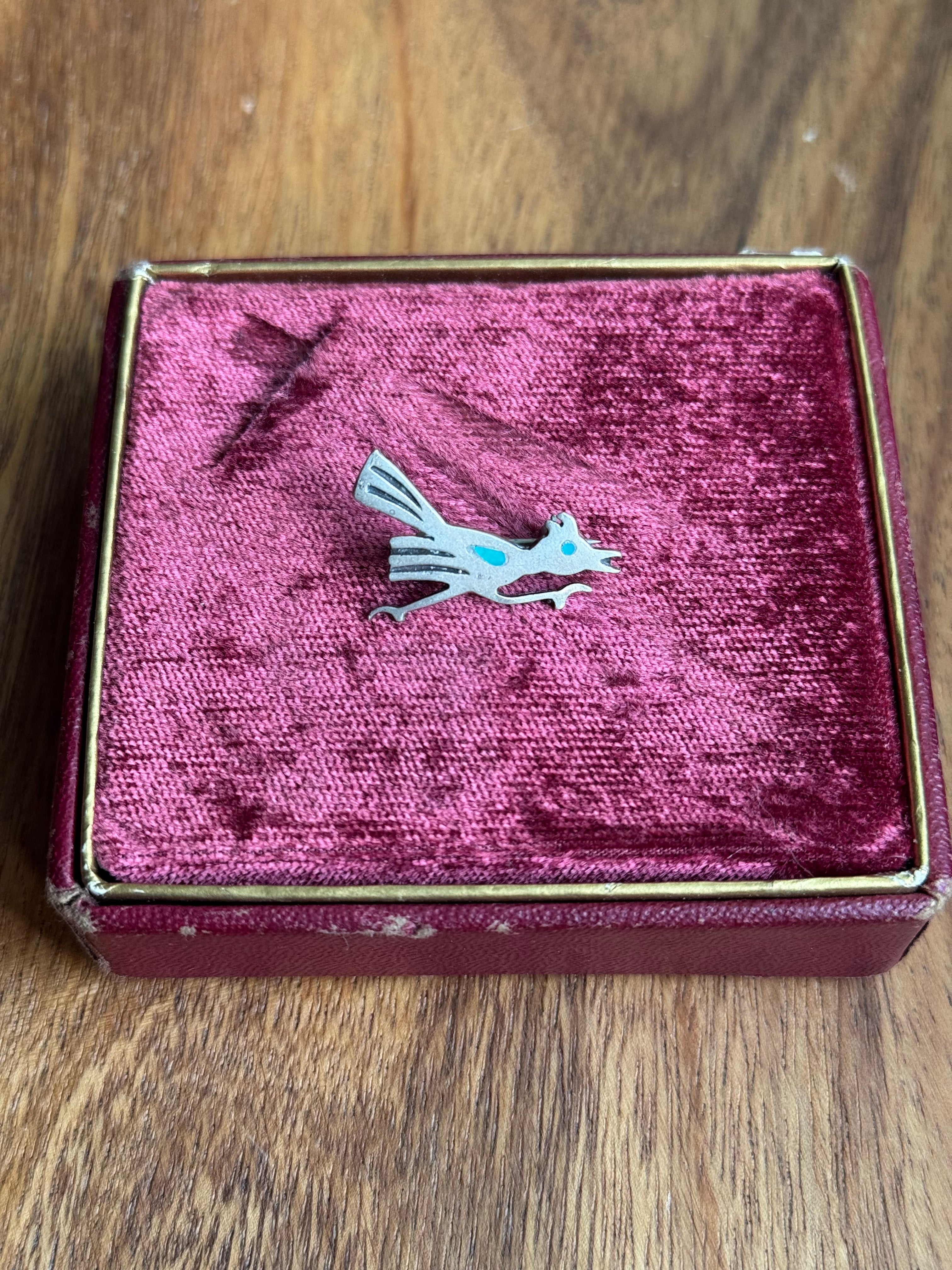 Vintage Sterling Silver Turquoise Inlay Road Runner Pin