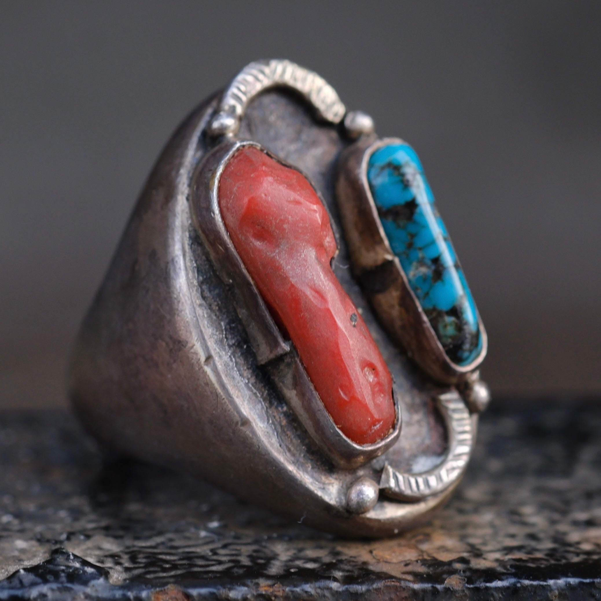 Vintage Sterling Turquoise and Coral Ring 10
