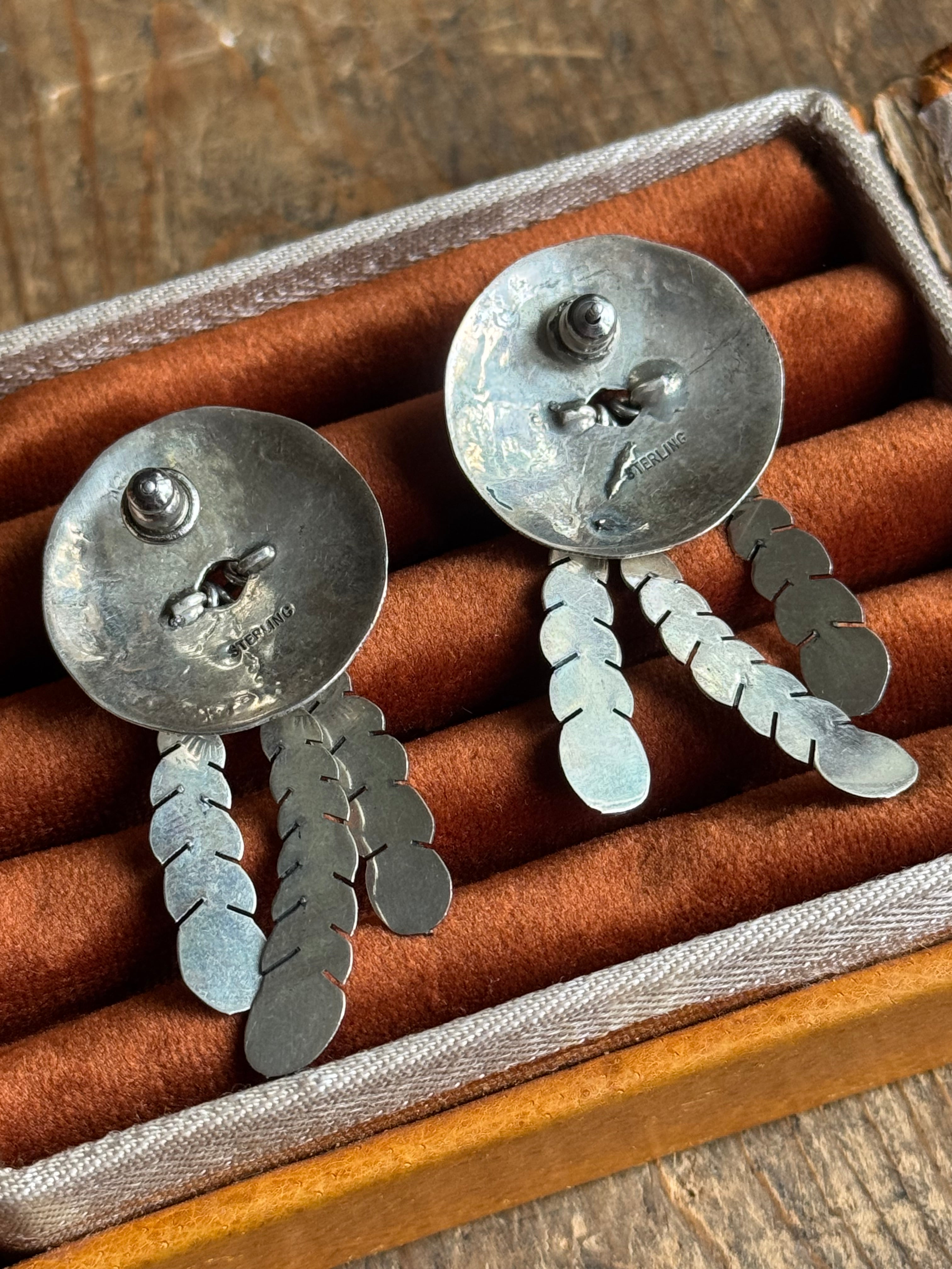 Vintage Sterling Silver Onyx Feather Concho Earrings