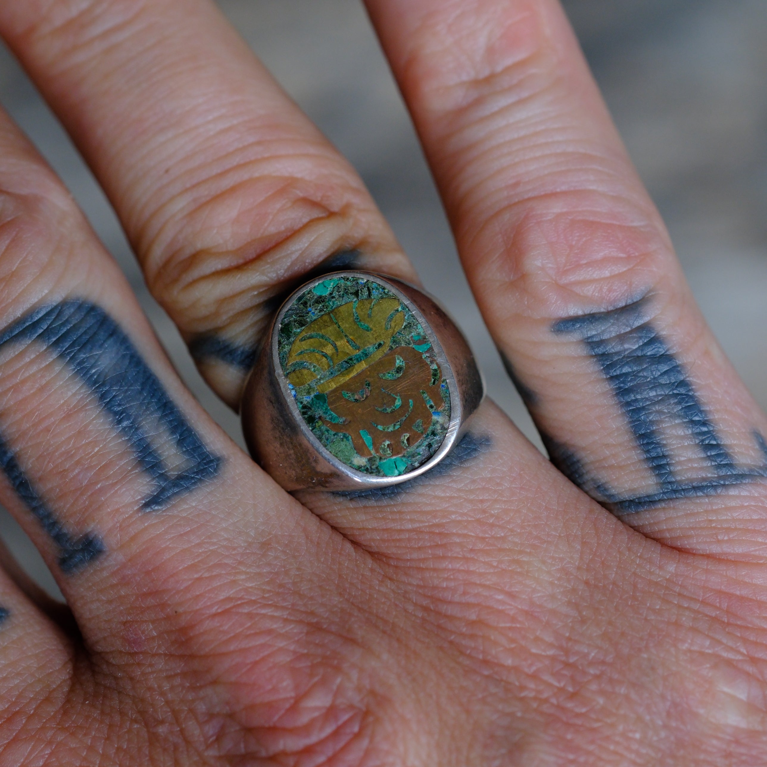 Vintage Sterling Turquoise Inlay Taxco Ring 8.75