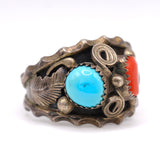 Vintage Sterling Turquoise and Coral Feather Ring 13