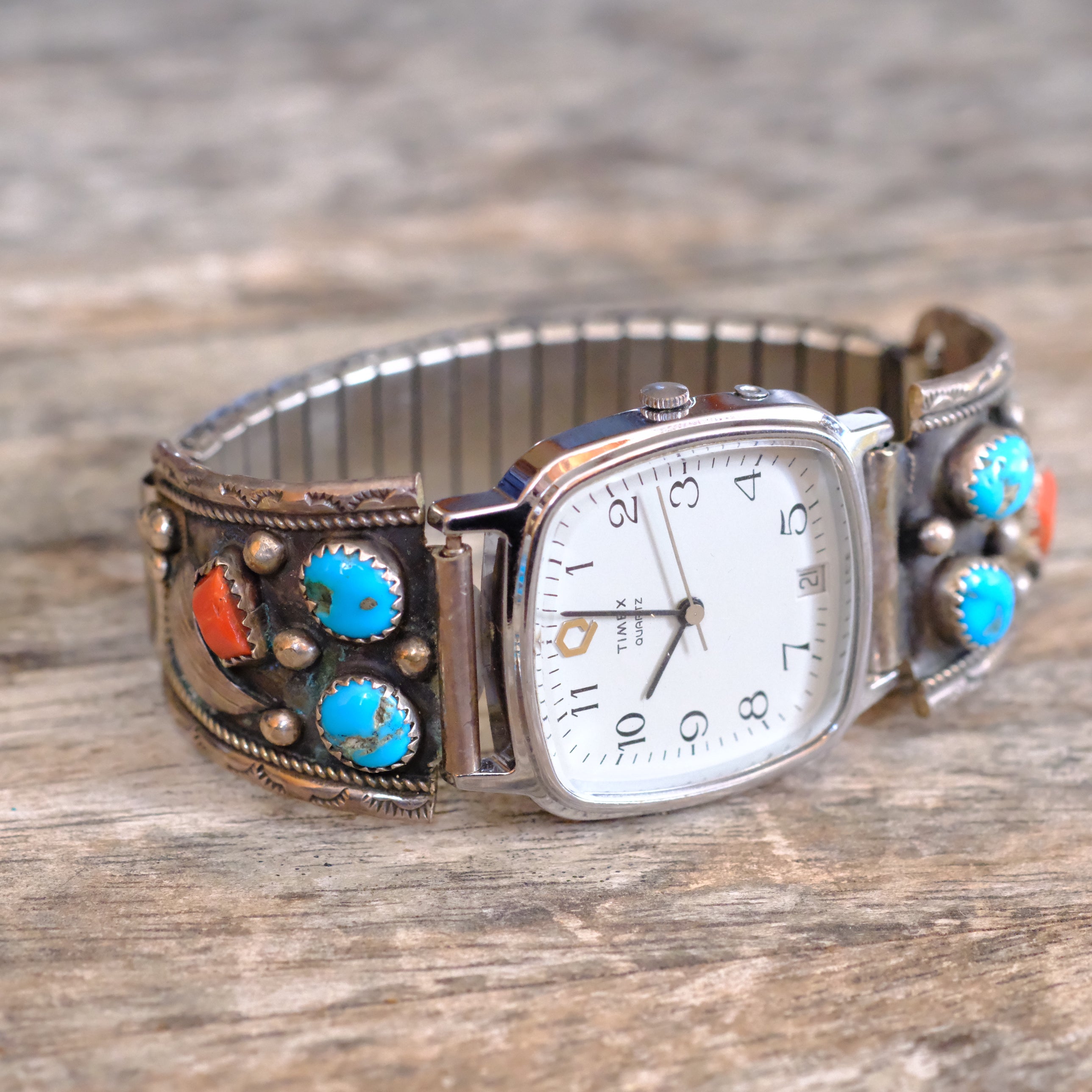 Vintage Sterling Turquoise and Coral Feather Watch