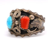 Vintage Sterling Turquoise and Coral Feather Ring 13