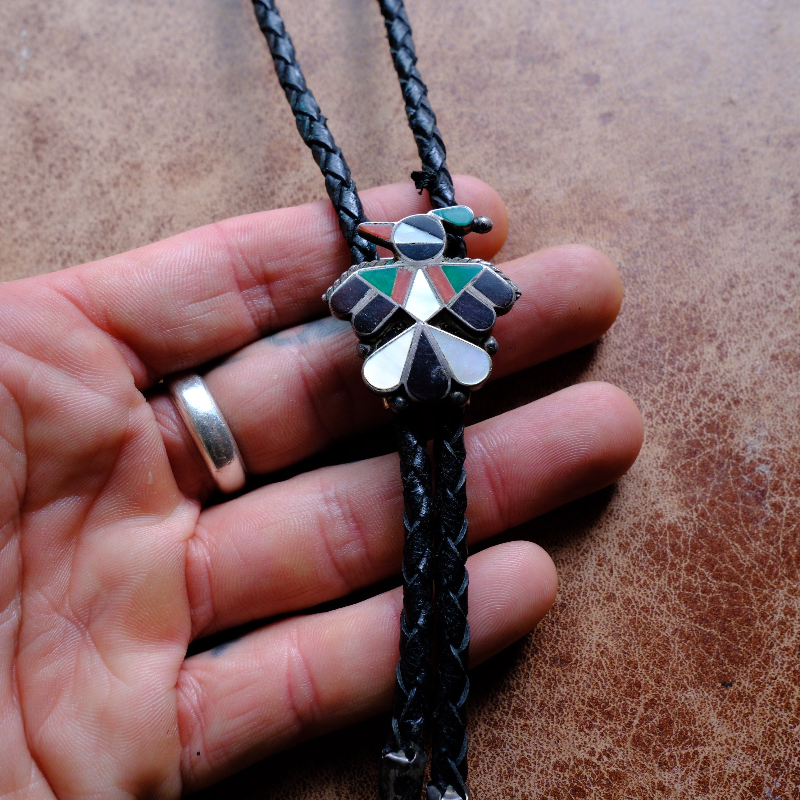Vintage Sterling Multistone Inlay Thunderbird Bolo Tie