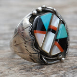 Vintage Sterling Zuni Inlay Stamped Band Ring 11