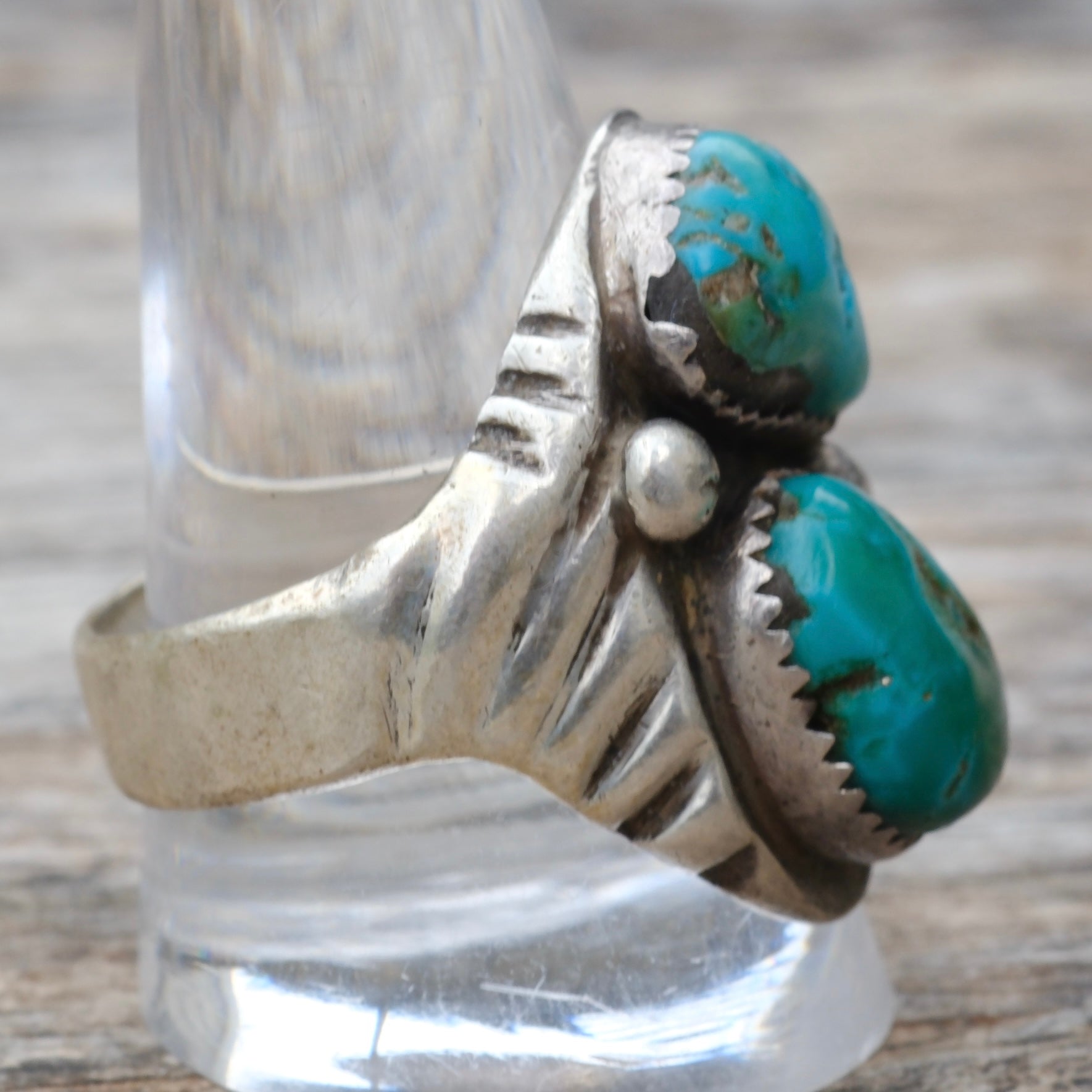 Vintage Sterling 2-Stone Turquoise Stamped Band Ring 12