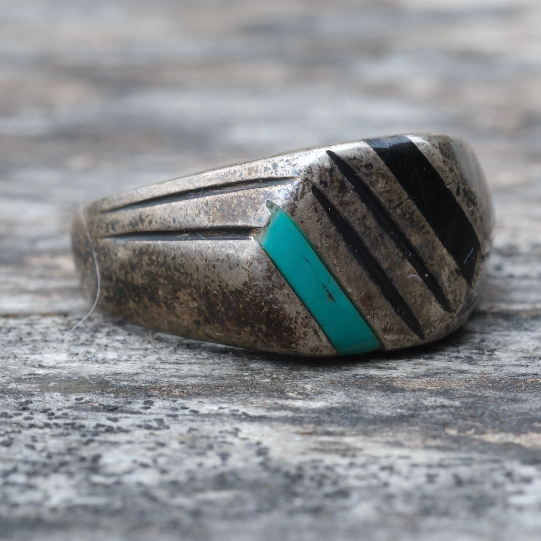 Vintage Sterling Turquoise and Onyx Inlay Ring 9