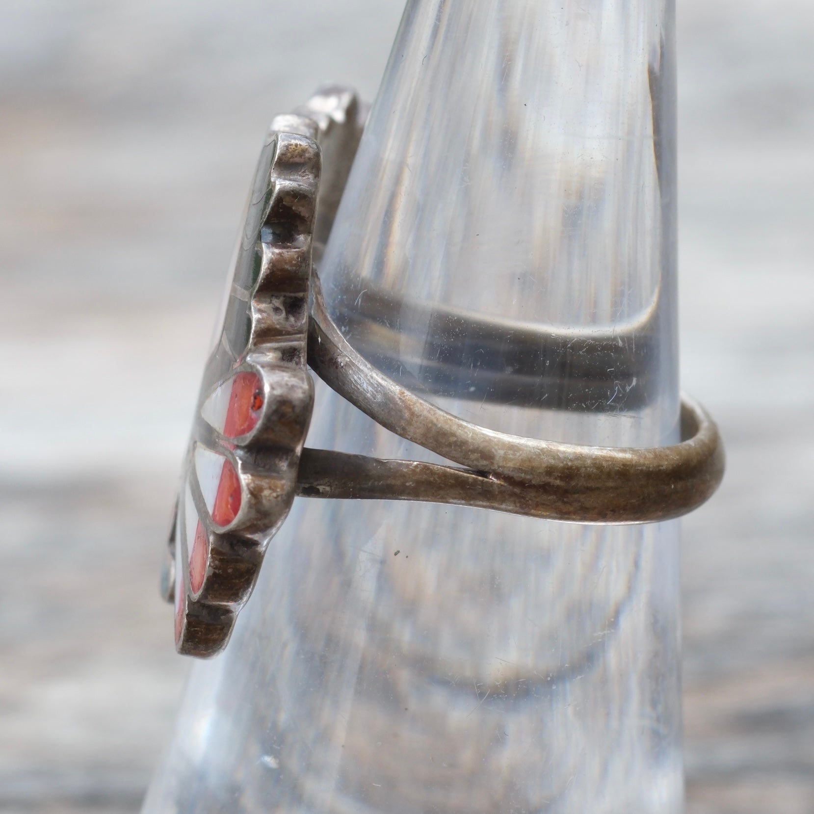 OLDER Vintage Sterling Zuni Inlay Eagle Ring 5.75