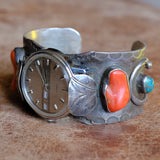 Vintage Sterling Turquoise and Coral Horseshoe Watch Cuff Bracelet