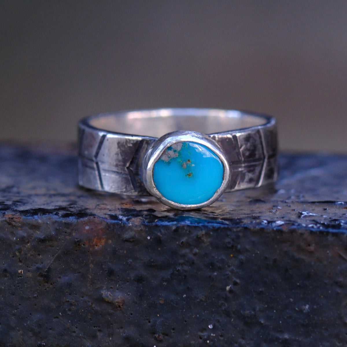 Sterling Silver Lone Mountain Turquoise Stamped Band Ring 6