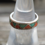Vintage Sterling Crushed Turquoise and Coral Inlay Band 6.5