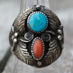 Vintage Sterling Turquoise and Coral Feather Ring 9.25