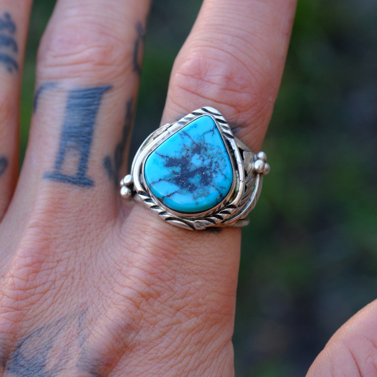 Vintage Sterling Chunky Turquoise Feather Ring 10.75