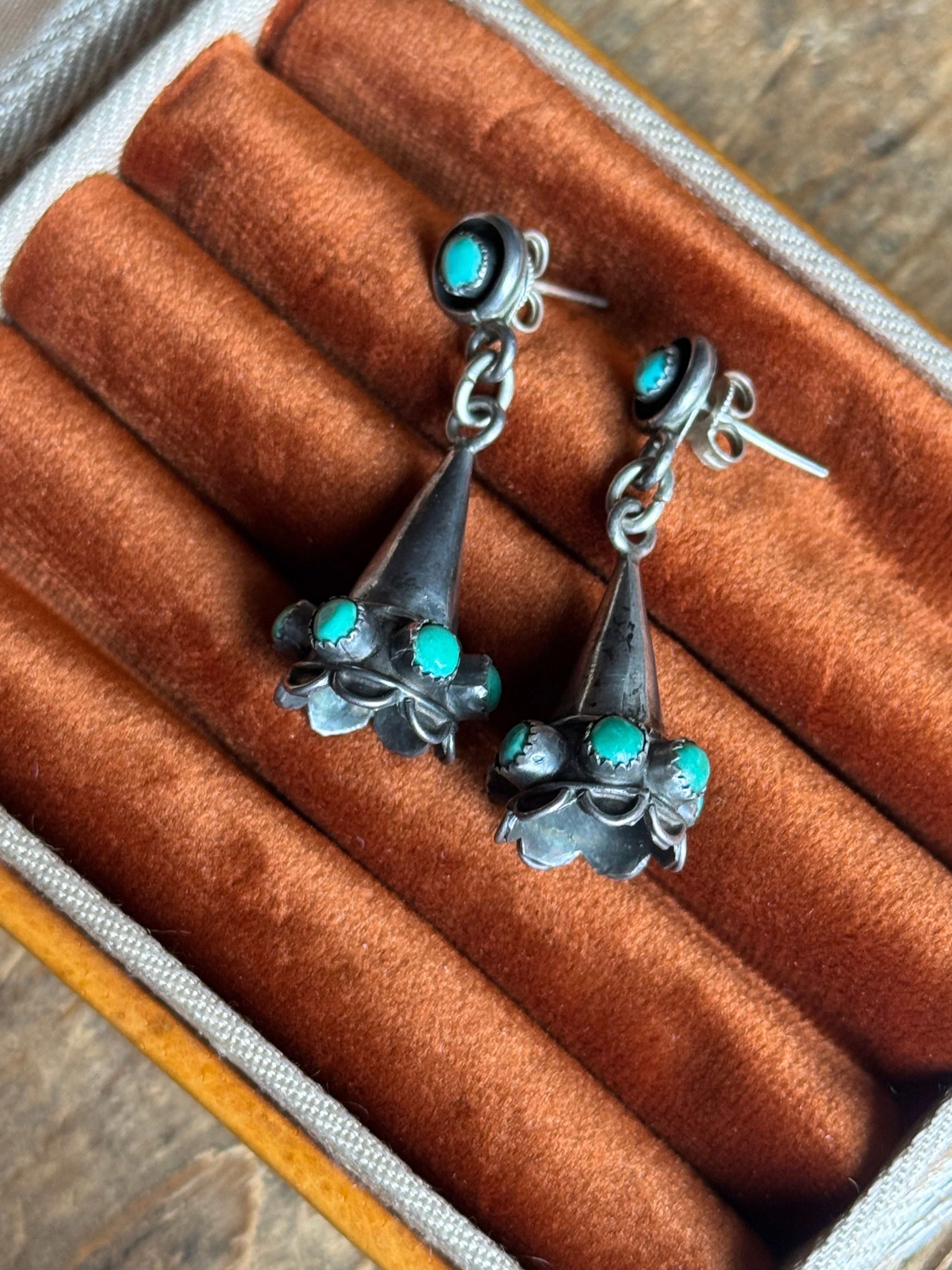 Vintage Sterling Silver Turquoise Snake Eye Bell Earrings
