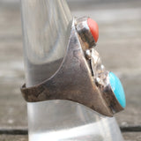 Vintage Sterling Turquoise and Coral Feather Ring 10.25
