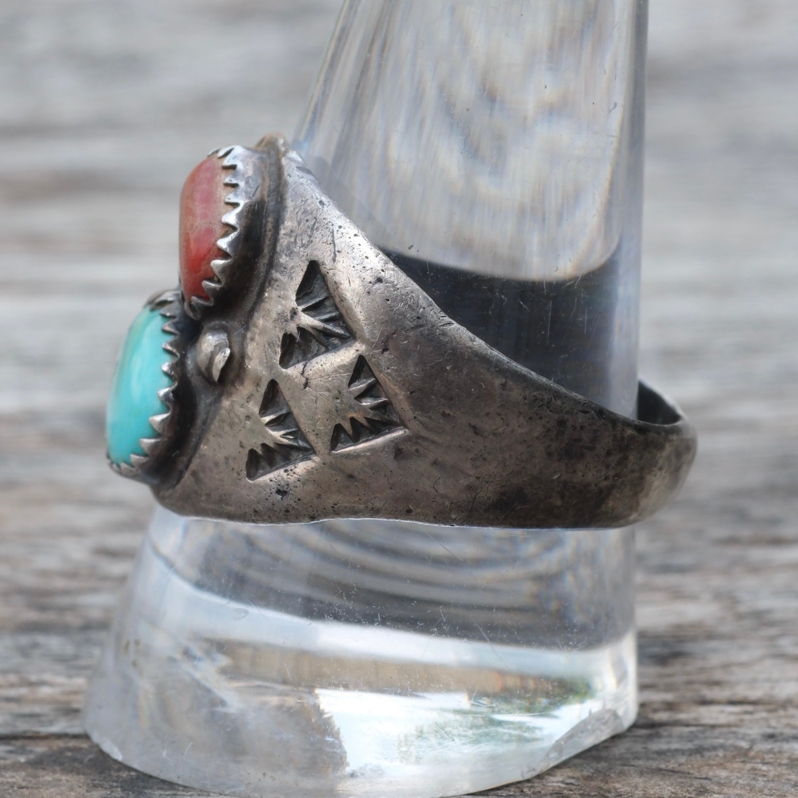 Vintage Sterling Turquoise and Coral Ring 11.5