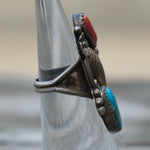 Vintage Sterling Turquoise and Coral Feather Ring 4.5