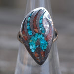 Vintage Sterling Turquoise and Coral Bear Paw Ring 6.25